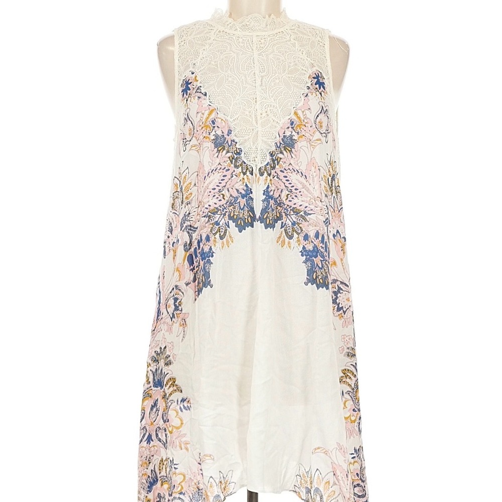 Free People Floral Lace Mini Dress - Cream and Blue